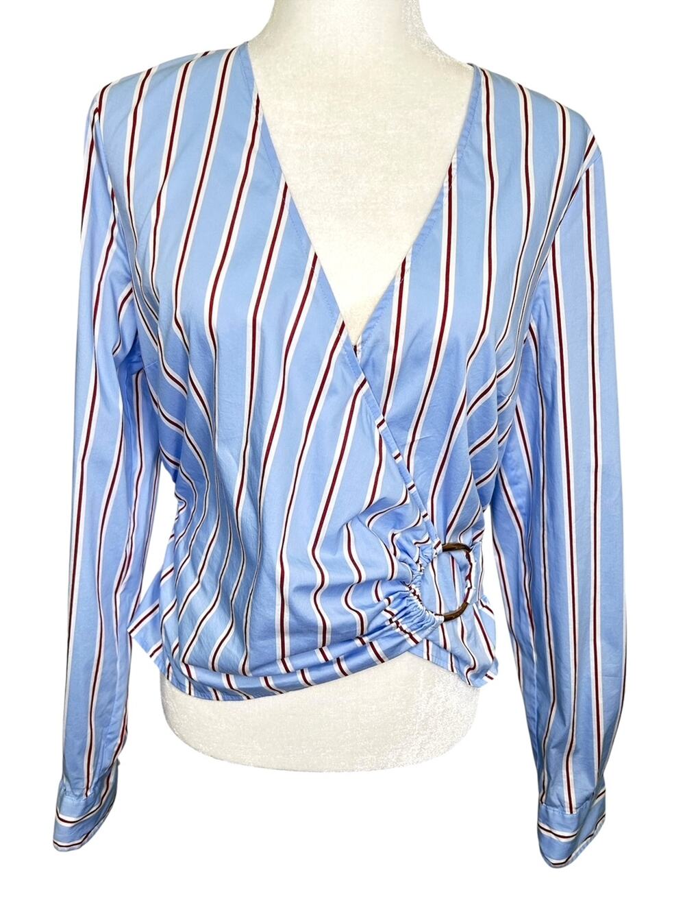Veronica Beard Ozzie Blue Brick Striped V-Neck Long Sleeve Blouse Large Size 10
